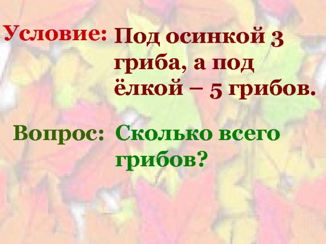 Условие: Под осинкой 3 гриба, а под ёлкой – 5 грибов. Сколько всего грибов? Вопрос: 