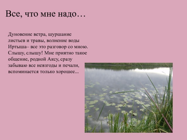 Все, что мне надо… Дуновение ветра, шуршание листьев и травы, волнение воды Иртыша– все это разговор со мною. Слышу, слышу! Мне приятно такое общение, родной Аксу, сразу забываю все невзгоды и печали, вспоминается только хорошее... 