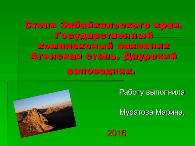  Степи Забайкальского края. Государственный комплексный заказник Агинская степь. Даурский заповедник.  Работу выполнила Муратова Марина, 2016  