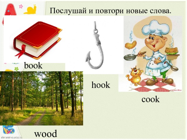 Послушай и повтори новые слова. book  hook cook wood 