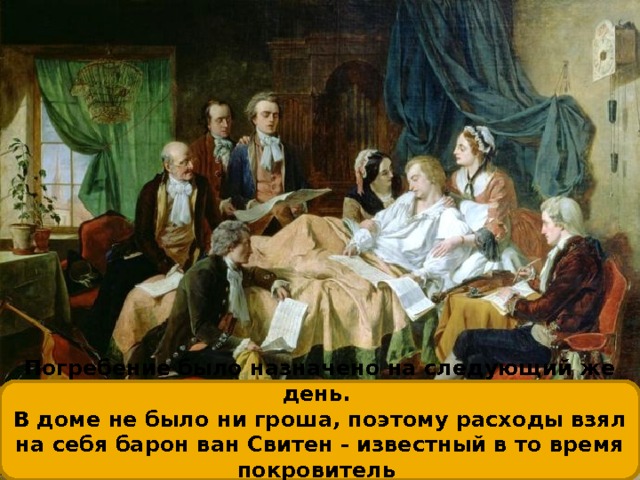  Погребение было назначено на следующий же день.  В доме не было ни гроша, поэтому расходы взял на себя барон ван Свитен - известный в то время покровитель  музыкантов.   