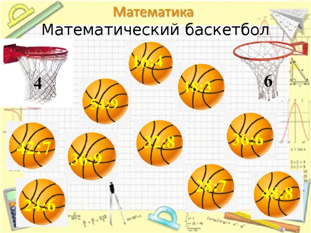 Математический баскетбол 16:4 6 4 18:3 54:9 36:6 32:8 42:7 36:9 28:7 48:8 24:6 