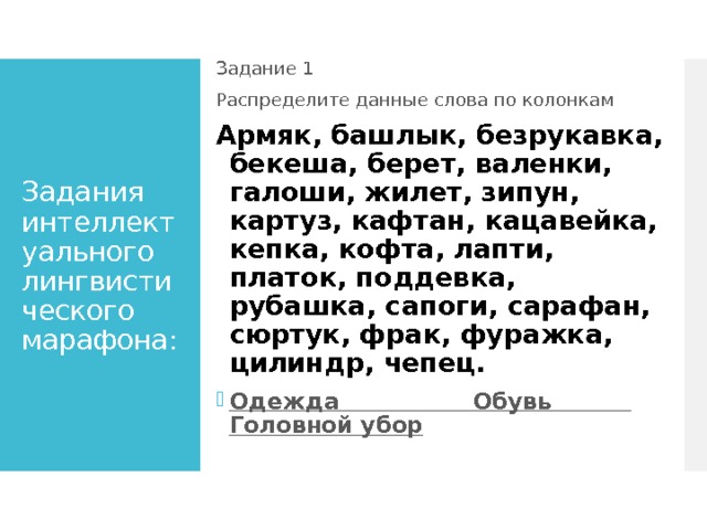 Задание 1 Распределите данные слова по колонкам Армяк, башлык, безрукавка, бекеша, берет, валенки, галоши, жилет, зипун, картуз, кафтан, кацавейка, кепка, кофта, лапти, платок, поддевка, рубашка, сапоги, сарафан, сюртук, фрак, фуражка, цилиндр, чепец. Одежда Обувь Головной убор  Задания интеллектуального лингвистического марафона: 