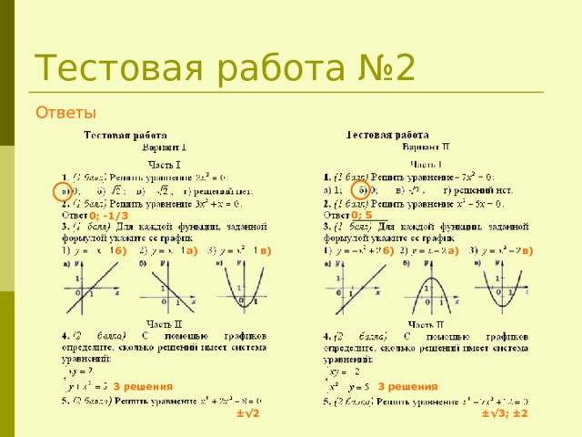 Тестовая работа №2 Ответы 0; 5 0; -1/3 б) в) б) а) в) а) 3 решения 3 решения ± √2 ± √3; ± 2 