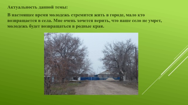 Актуальность данной темы: В настоящее время молодежь стремится жить в городе, мало кто возвращается в села. Мне очень хочется верить, что наше село не умрет, молодежь будет возвращаться в родные края. 