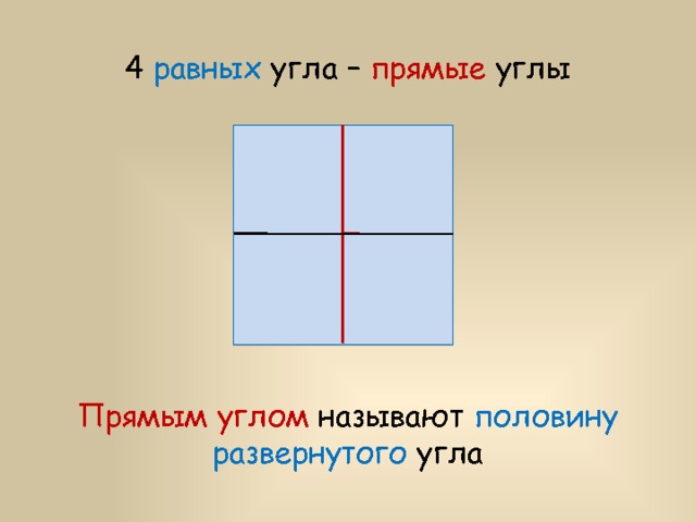 4 равных угла – прямые углы Прямым углом называют половину развернутого угла 