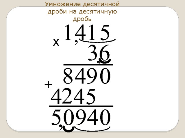 Умножение десятичной дроби на десятичную дробь 1 1 4 5 , х 3 6 , 8 4 9 0 + 2 4 5 4 0 4 5 0 9 , 