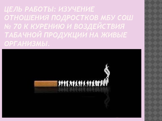 Цель работы: изучение отношения подростков МБУ СОШ № 70 к курению и воздействия табачной продукции на живые организмы.    