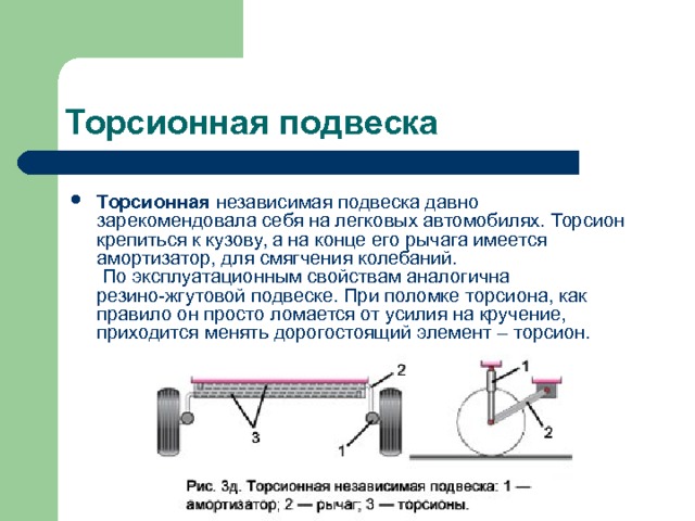 Торсионная  независимая подвеска давно зарекомендовала себя на легковых автомобилях. Торсион крепиться к кузову, а на конце его рычага имеется амортизатор, для смягчения колебаний.   По эксплуатационным свойствам аналогична резино-жгутовой подвеске. При поломке торсиона, как правило он просто ломается от усилия на кручение, приходится менять дорогостоящий элемент – торсион. 