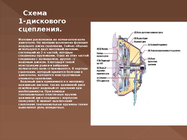  Схема 1-дискового сцепления.   Маховик расположен на коленчатом вале двигателя. На маховик возложена функция ведущего диска сцепления. Сейчас обычно используется двух массовый маховик, состоящий из 2-х частей, которые соединены пружинами. Одна из этих частей соединена с коленвалом, другая – с ведомым диском. Благодаря такой конструкции рывки и вибрации коленчатого вала сглаживаются. В картере сцепления, который крепится болтами к двигателю, находятся конструктивные элементы сцепления.     Ведомый диск прижимается к маховику нажимным диском, также нажимной диск освобождает ведомый от давления при необходимости. При помощи тангенциальных пластичных пружин нажимной диск соединен с корпусом (кожухом). В момент выключения сцепления тангенциальные пружины также выполняют роль возвратных.       