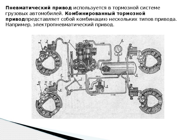 Пневматический привод  используется в тормозной системе грузовых автомобилей.  Комбинированный тормозной привод представляет собой комбинацию нескольких типов привода. Например, электропневматический привод. 