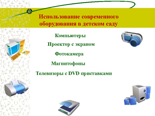  Использование современного  оборудования в детском саду   Компьютеры Проектор с экраном Фотокамера Магнитофоны Телевизоры с DVD приставками Оформление документации, повышение проф.мастерства  