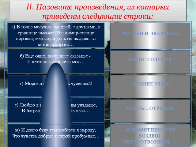 II . Назовите произведения, из которых приведены следующие строки: «Руслан и Людмила»  а) В толпе могучих сыновей, с друзьями, в гриднице высокой Владимир-солнце пировал; меньшую дочь он выдавал за князя храброго… б) Еще одно, последнее сказанье -   И летопись окончена моя… «Борис Годунов»  «Зимнее утро»  г) Мороз и солнце, день чудесный! е) Люблю я пышное природы увяданье,  В багрец и золото одетые леса… «Осень». Отрывок  ж) И долго буду тем любезен я народу,   Что чувства добрые я лирой пробуждал…  «Я памятник себе воздвиг нерукотворный…»  