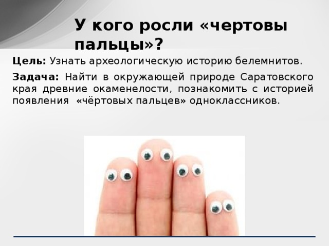 У кого росли «чертовы пальцы»? Цель: Узнать археологическую историю белемнитов.  Задача: Найти в окружающей природе Саратовского  края древние окаменелости, познакомить с историей появления «чёртовых пальцев» одноклассников.