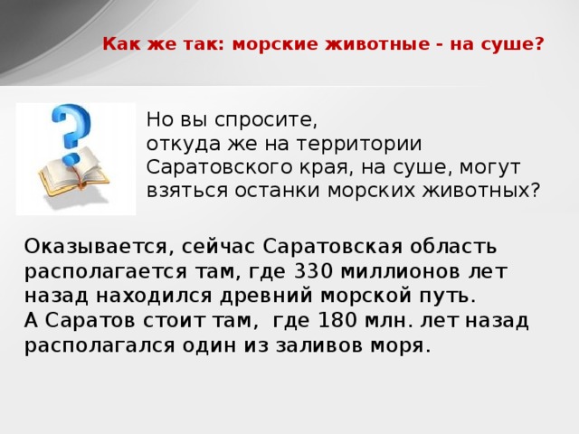 Как же так: морские животные - на суше? Но вы спросите, откуда же на территории Саратовского края, на суше, могут взяться останки морских животных? Оказывается, сейчас Саратовская область располагается там, где 330 миллионов лет назад находился древний морской путь. А Саратов стоит там, где 180 млн. лет назад располагался один из заливов моря.