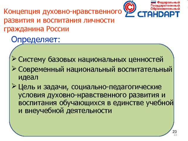 Концепция духовно-нравственного  развития и воспитания личности  гражданина России    Определяет: Систему базовых национальных ценностей Современный национальный воспитательный идеал Цель и задачи, социально-педагогические условия духовно-нравственного развития и воспитания обучающихся в единстве учебной и внеучебной деятельности     