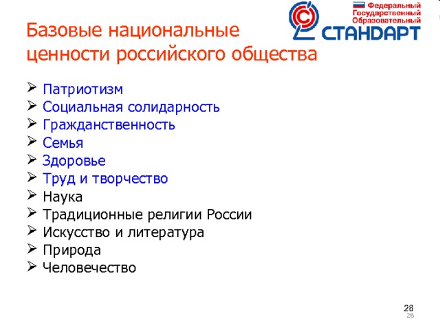 Базовые национальные  ценности российского общества Патриотизм Социальная солидарность Гражданственность Семья Здоровье Труд и творчество Наука Традиционные религии России Искусство и литература Природа Человечество     