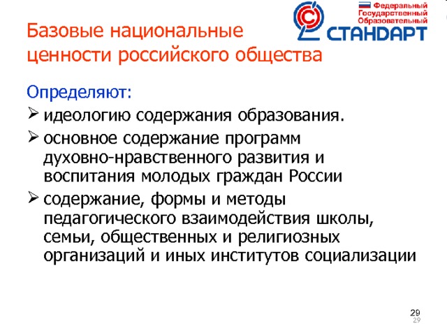 Базовые национальные  ценности российского общества Определяют: идеологию содержания образования. основное содержание программ духовно-нравственного развития и воспитания молодых граждан России содержание, формы и методы педагогического взаимодействия школы, семьи, общественных и религиозных организаций и иных институтов социализации     