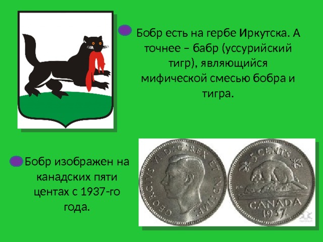 Бобр есть на гербе Иркутска. А точнее – бабр (уссурийский тигр), являющийся мифической смесью бобра и тигра. Бобр изображен на канадских пяти центах с 1937-го года. 