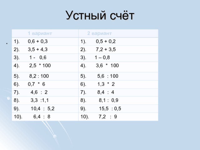 Устный счёт    1 вариант 1). 0,6 + 0,3  2 вариант 2). 3,5 + 4,3 1). 0,5 + 0,2 2). 7,2 + 3,5 3). 1 - 0,6 4). 2,5 * 100 3). 1 – 0,8 5). 8,2 : 100 4). 3,6 * 100 6). 0,7 * 6 5). 5,6 : 100 6). 1,3 * 2 7). 4,6 : 2 7). 8,4 : 4 8). 3,3 :1,1 8). 8,1 : 0,9 9). 10,4 : 5,2 10). 6,4 : 8 9). 15,5 : 0,5 10). 7,2 : 9 . 