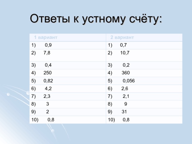 Ответы к устному счёту:  1 вариант 1) 0,9  2 вариант 1) 0,7 2) 7,8 3) 0,4 2) 10,7 3) 0,2 4) 250 5) 0,82  360 5) 0,056 6) 4,2 6) 2,6 7) 2,3 7) 2,1 8) 3 9) 2  9  31 10) 0,8 10) 0,8 