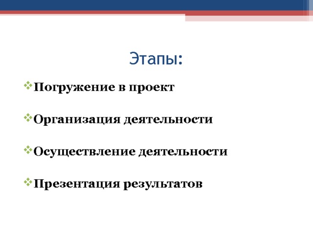 Этапы: Погружение в проект  Организация деятельности  Осуществление деятельности  Презентация результатов   