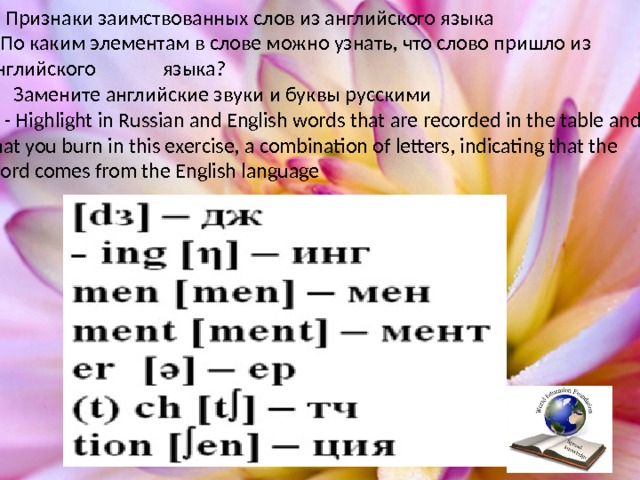  Признаки заимствованных слов из английского языка – По каким элементам в слове можно узнать, что слово пришло из английского языка?  Замените английские звуки и буквы русскими  - Highlight in Russian and English words that are recorded in the table and that you burn in this exercise, a combination of letters, indicating that the word comes from the English language 