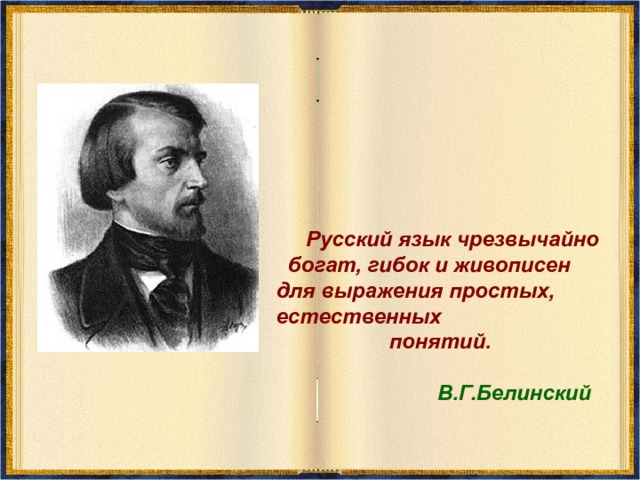      Русский язык чрезвычайно богат, гибок и живописен для выражения простых,  естественных  понятий.     В.Г.Белинский    