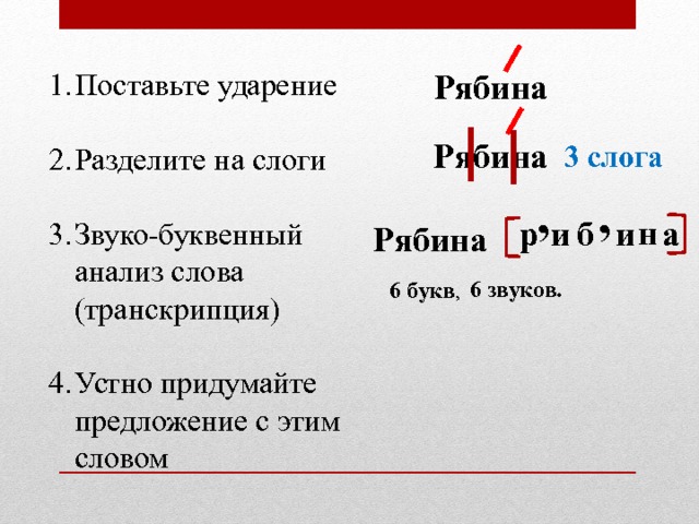 Рябина  Поставьте ударение  Разделите на слоги  Звуко-буквенный анализ слова (транскрипция)  Устно придумайте предложение с этим словом Рябина 3 слога , , н и а р б и Рябина 6 звуков. 6 букв , 