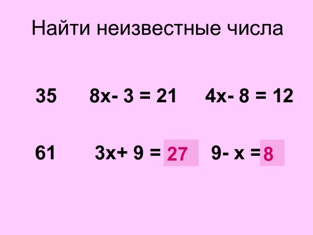 Найти неизвестные числа   35 8х- 3 = 21 4х- 8 = 12   61 3х+ 9 = ? 9- х = ? 8 27 Цифра десятков данного числа-корень уравнения, записанного посередине. Цифра единиц-корень уравнеения, записанного справа.  