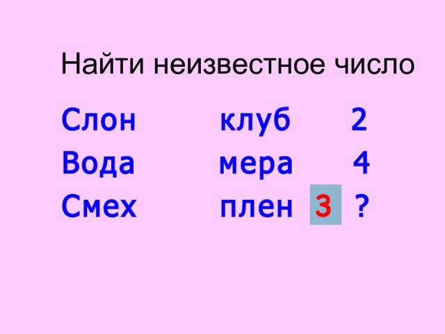 Найти неизвестное число Слон клуб 2 Вода мера 4 Смех плен ?  3 Число, записанное в каждой строчке задания показывает, какая по счету буква данных слов одинаковая.  