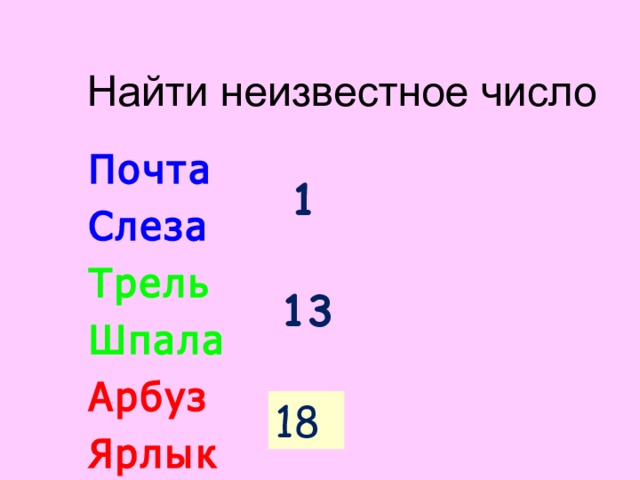 Найти неизвестное число Почта Слеза Трель Шпала Арбуз Ярлык 1 13 Общая буква данных слов Р. Ее номер в алфавите 18. 18 ?  