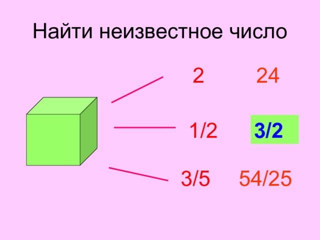 Найти неизвестное число 24 2 ? 3/2 1/2 Поверхность куба ребро которого равно ½. 3/5 54 /25  