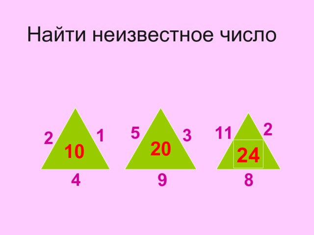 Найти неизвестное число 2 5 11 1 3 2 20 ? 10 2 4 К сумме чисел, записанных вне треугольника, прибавить 3. 4 8 9  