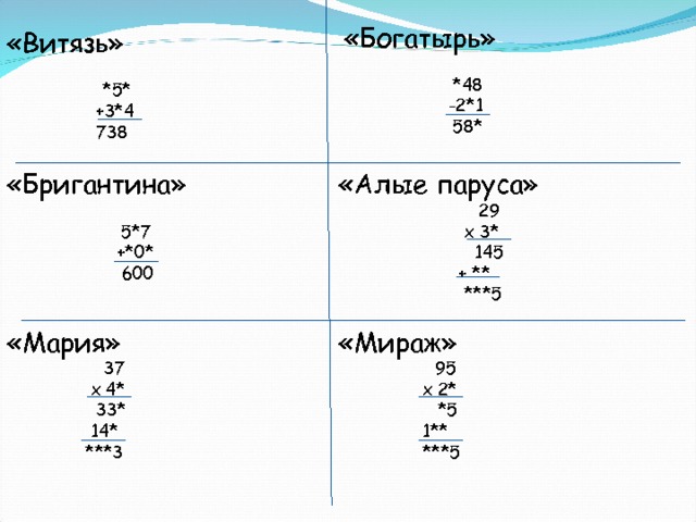 «Богатырь» *48  -2*1 58* «Витязь» *5*  +3*4 738 «Алые паруса» 29  х 3*  145  + **  ***5 «Бригантина» 5*7  +*0*  600 «Мария» 37  х 4*  33*  14*  ***3 «Мираж» 95  х 2*  *5  1**  ***5 