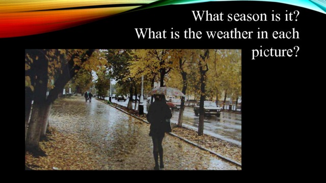 What season is it? What is the weather in each picture? 