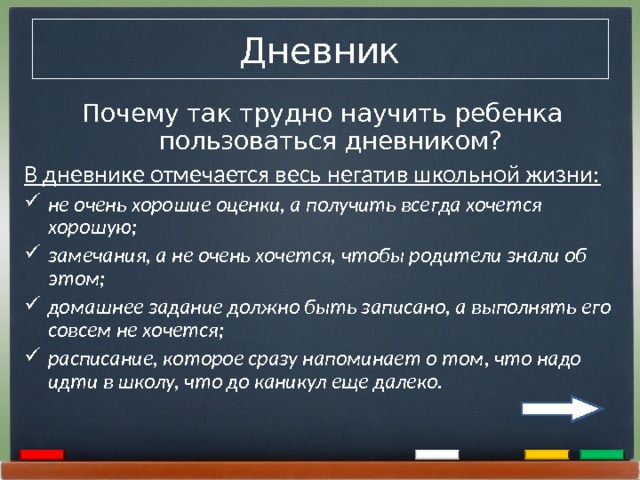 Дневник Почему так трудно научить ребенка пользоваться дневником? В дневнике отмечается весь негатив школьной жизни: не очень хорошие оценки, а получить всегда хочется хорошую; замечания, а не очень хочется, чтобы родители знали об этом; домашнее задание должно быть записано, а выполнять его совсем не хочется; расписание, которое сразу напоминает о том, что надо идти в школу, что до каникул еще далеко.  