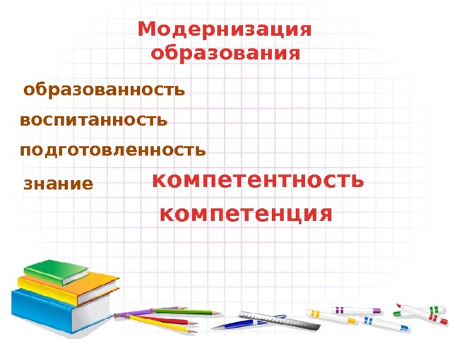  Модернизация образования   образованность воспитанность подготовленность компетентность знание компетенция 