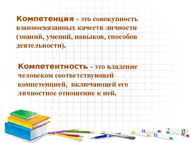 Компетенция - это совокупность взаимосвязанных качеств личности (знаний, умений, навыков, способов деятельности). Компетентность - это владение человеком соответствующей компетенцией, включающей его личностное отношение к ней. 