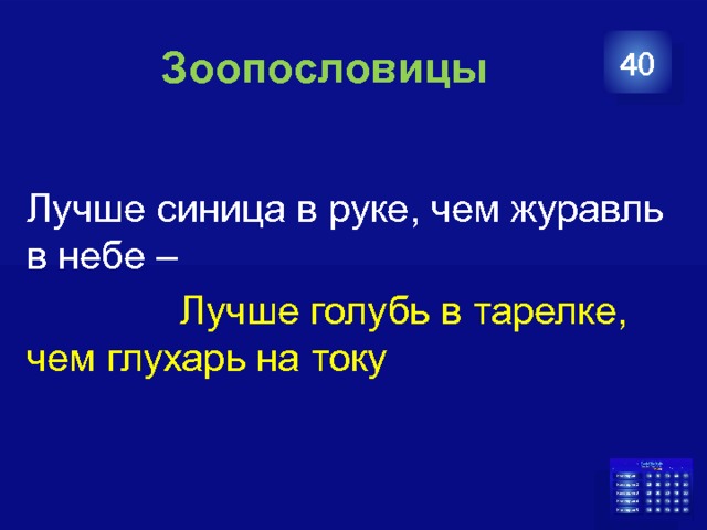   Зоопословицы 40 Лучше синица в руке, чем журавль в небе –  Лучше голубь в тарелке, чем глухарь на току 