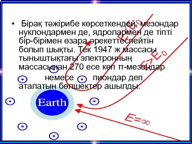  Бірақ тәжірибе көрсеткендей, мезондар нуклондармен де, ядролармен де тіпті бір-бірімен өзара әрекеттеспейтін болып шықты. Тек 1947 ж массасы тыныштықтағы электронның массасынан 270 есе көп π-мезондар   немесе  пиондар деп аталатын бөлшектер ашылды. 