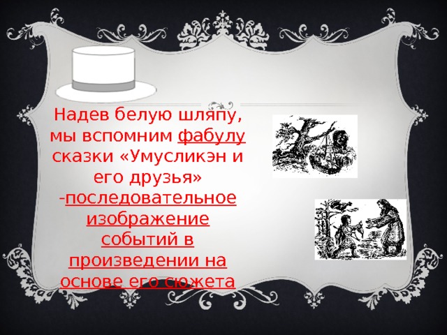 Надев белую шляпу, мы вспомним фабулу сказки «Умусликэн и его друзья» - последовательное изображение событий в произведении на основе его сюжета 