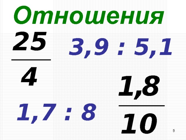 Отношения  3,9 : 5,1 1,7 : 8 4 