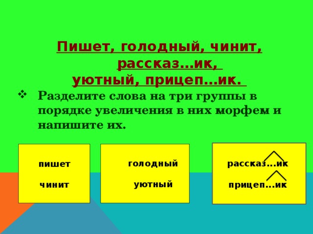 Пишет, голодный, чинит, рассказ…ик, уютный, прицеп…ик. Разделите слова на три группы в порядке увеличения в них морфем и напишите их.  рассказ...ик  прицеп...ик голодный пишет   чинит уютный