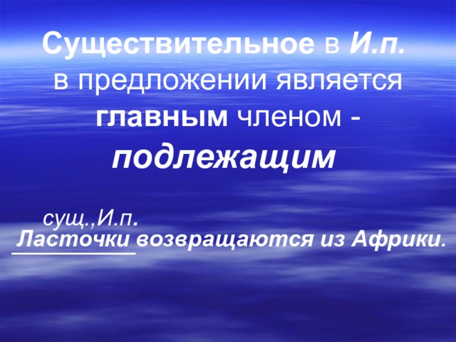 Существительное в И.п.  в предложении является главным членом - подлежащим сущ.,И.п . Ласточки  возвращаются  из Африки . 