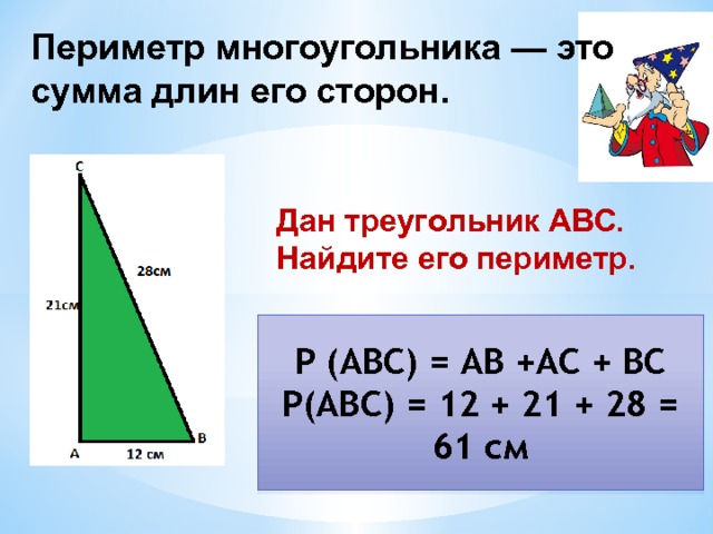 Периметр многоугольника — это сумма длин его сторон.      Дан треугольник АВС. Найдите его периметр. Р (АВС) = АВ +АС + ВС Р(АВС) = 12 + 21 + 28 = 61 см 