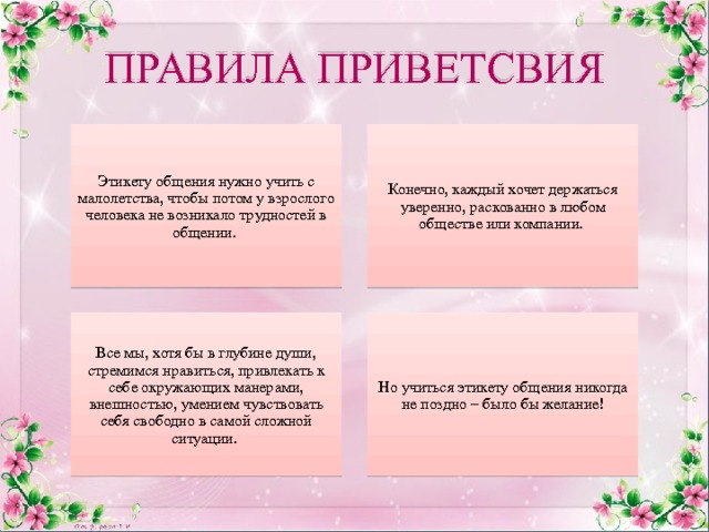 ПРАВИЛА ПРИВЕТСВИЯ Конечно, каждый хочет держаться уверенно, раскованно в любом обществе или компании. Этикету общения нужно учить с малолетства, чтобы потом у взрослого человека не возникало трудностей в общении. Но учиться этикету общения никогда не поздно – было бы желание! Все мы, хотя бы в глубине души, стремимся нравиться, привлекать к себе окружающих манерами, внешностью, умением чувствовать себя свободно в самой сложной ситуации. 