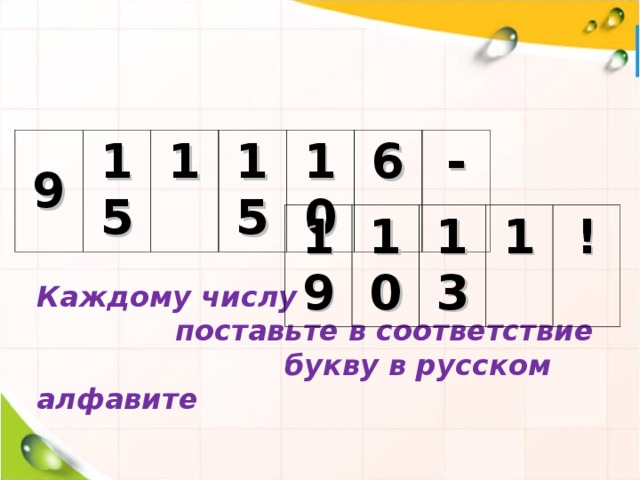 9 15 1 15 10 6 - 19 10 13 1 ! Каждому числу  поставьте в соответствие  букву в русском алфавите