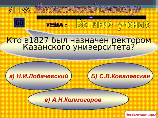 Кто в1827 был назначен ректором Казанского университета? 60 а) Н.И.Лобачевский Б) С.В.Ковалевская в) А.Н.Колмогоров Продолжение игры 