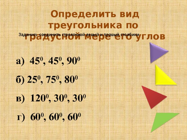 Определить вид треугольника по градусной мере его углов Задание: соединить стрелочкой левый и правый столбики  а) 45 0 , 45 0 , 90 0   б) 25 0 , 75 0 , 80 0   в) 120 0 , 30 0 , 30 0   г) 60 0 , 60 0 , 60 0 